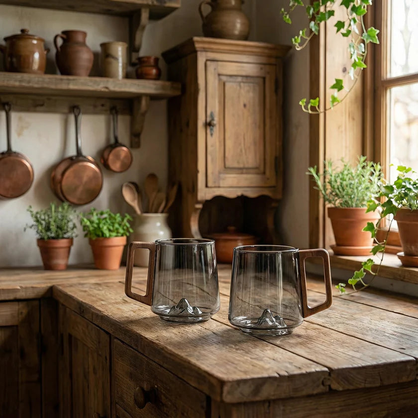 Tasses à café en verre gris fumé inclinées avec poignée en bois - 13