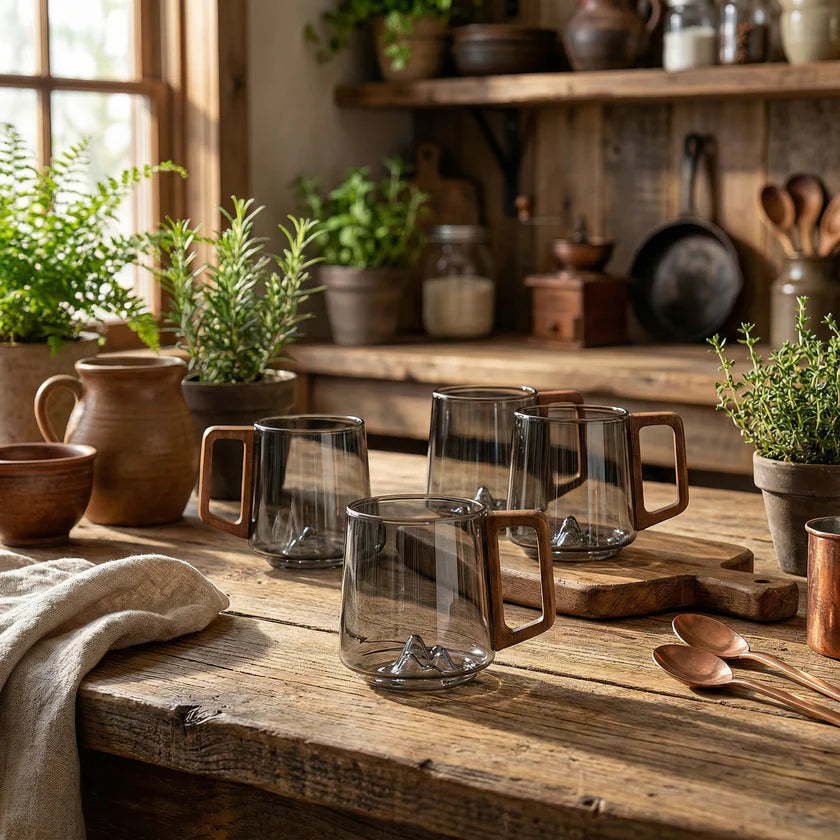 Tasses à café en verre gris fumé inclinées avec poignée en bois - 3