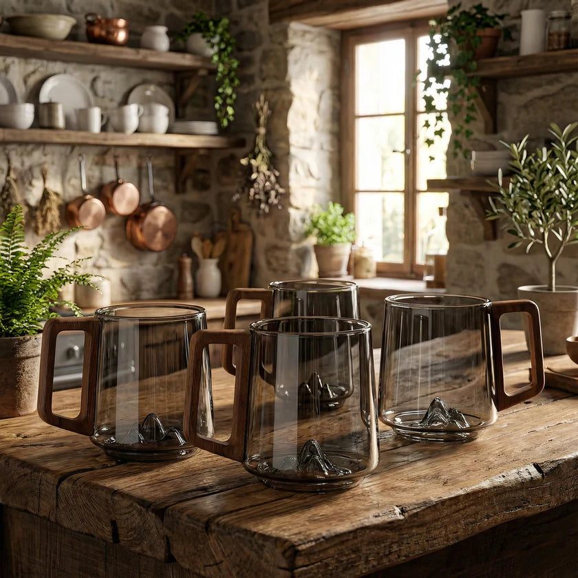 Tasses à café en verre gris fumé inclinées avec poignée en bois - 2